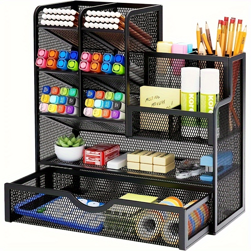 

versatile" Multi-functional Mesh Desk Organizer With Drawer - Iron Pen And Pencil Holder For Office Supplies And Art Accessories