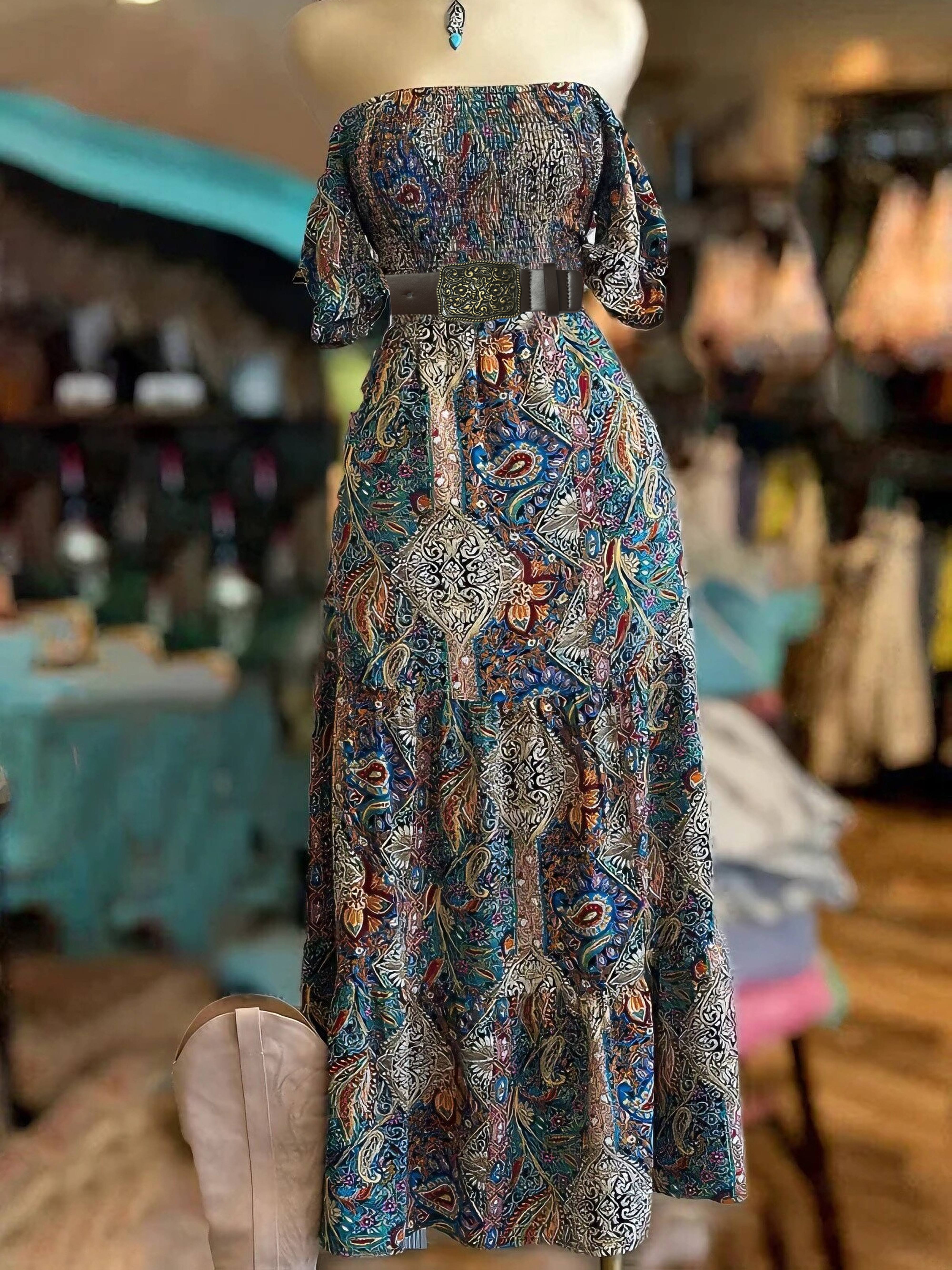 boho maxi dress patterns Patchwork V-Neck Boho Maxi Dress in Soft Viscose Blend Elegance – Eva Trends main image 1