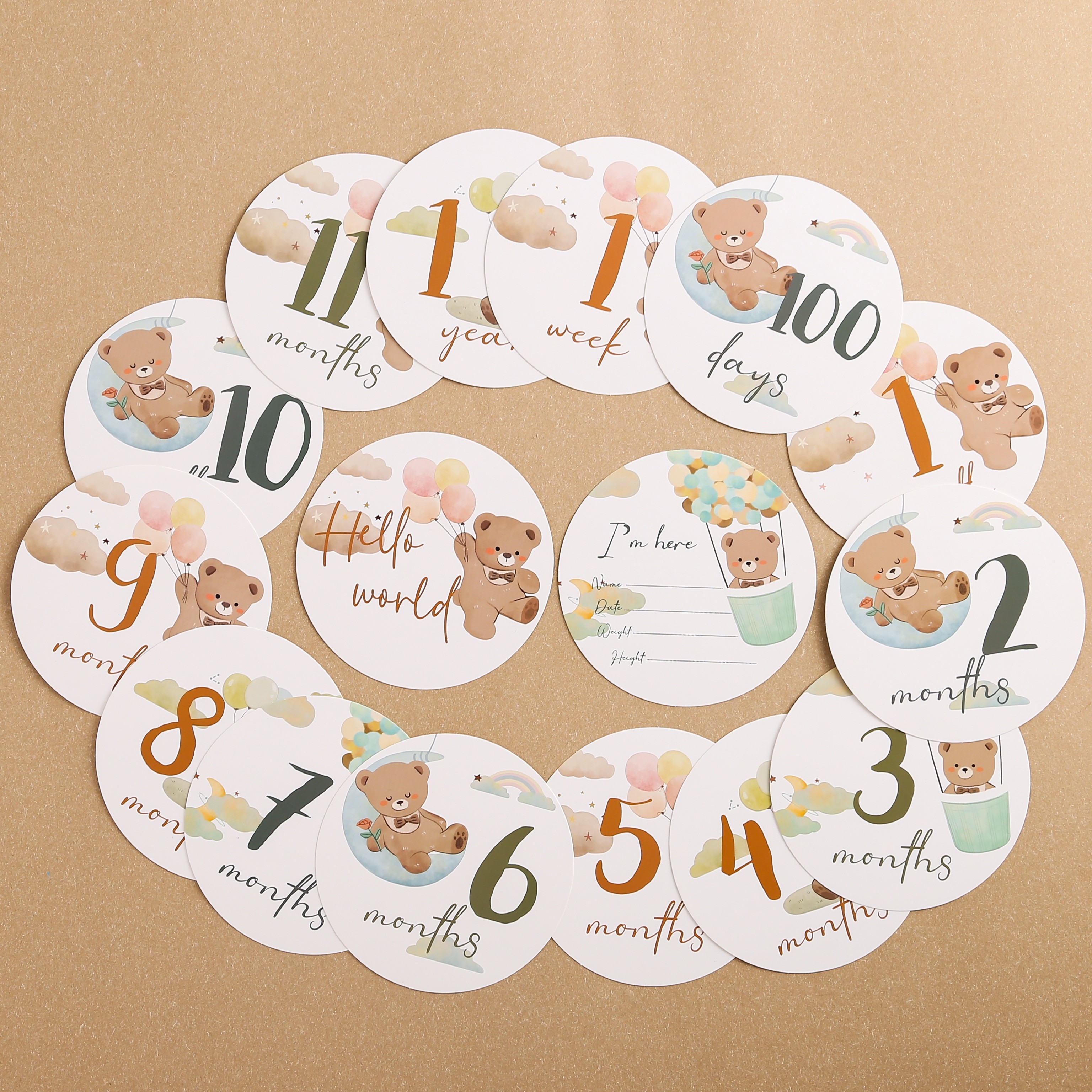 

16pcs/set Birth Commemorative Cards, Paper Growth Record Cards, Cute Bear Cartoon Birth Commemorative Signs, Birthday Commemorative Props, Photography Props