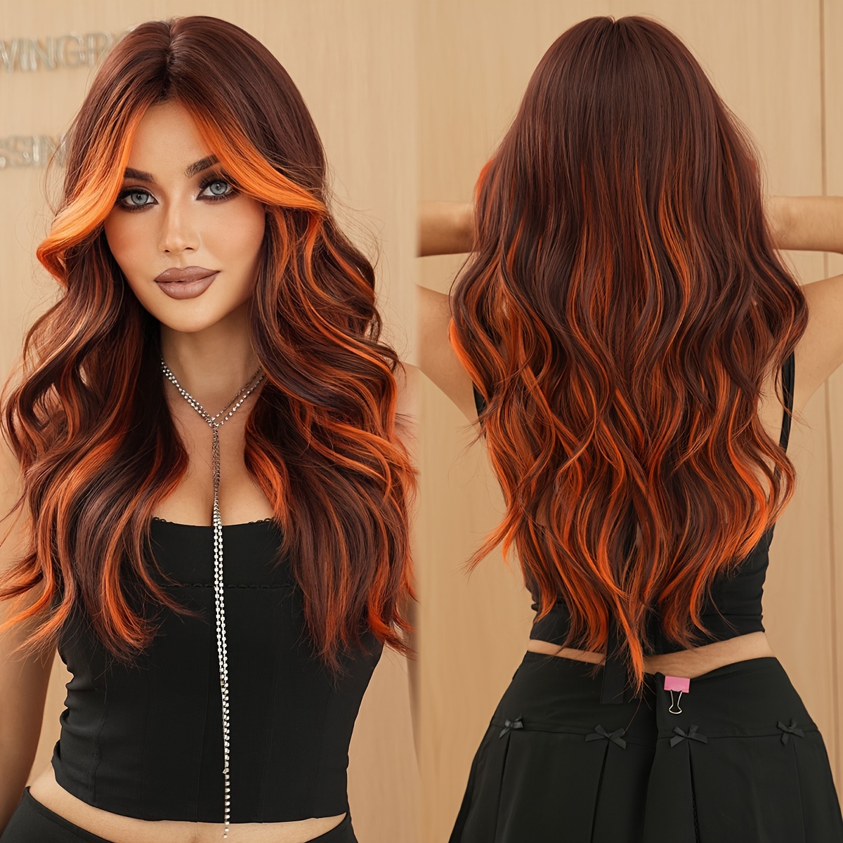 E-shop Halloween Verkleidungsperücke Lange Lockige Orange Highlight Rottbraune Perücken Mittlere Haarpartie Hohe Dichte Hitzebeständige Synthetische