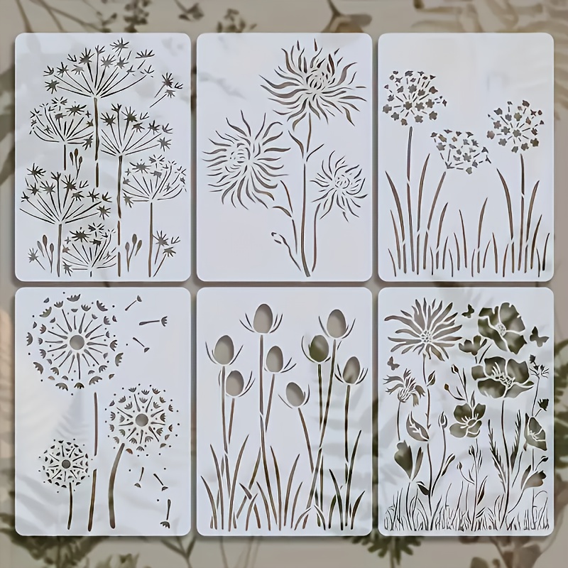 Image of 6pcs Reusable Plant Template A4 Size 21x29.7cm - Dandelion, Flower, Suitable For Painting, Wall Decoration, Fabric Printing, Furniture Renovation, Diy Handicrafts, Making