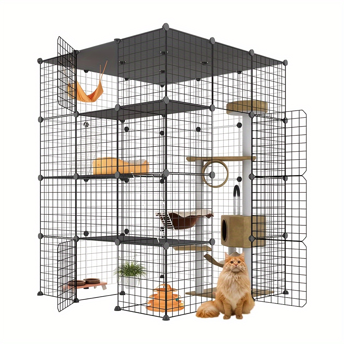 

Spacious Modular Diy Cat Cage Playpen, Indoor Outdoor Cat Condo House With Balcony, Polyester Fiber Contemporary Style, Removable Metal Wire Kennel For Multiple Cats Exercise & Play