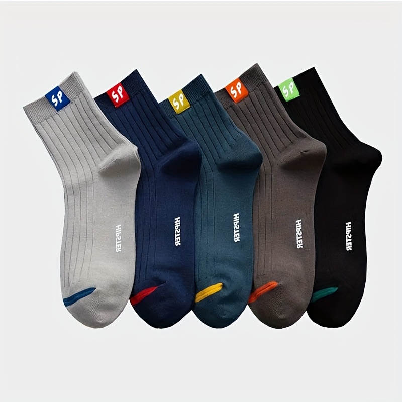 TEMU 5-pairs5 Colors Men's Basketball Socks - Breathable Korean Style Mid-crew Socks, Odor Resistant Athletic Socks With Cushioned Sole Letter Print