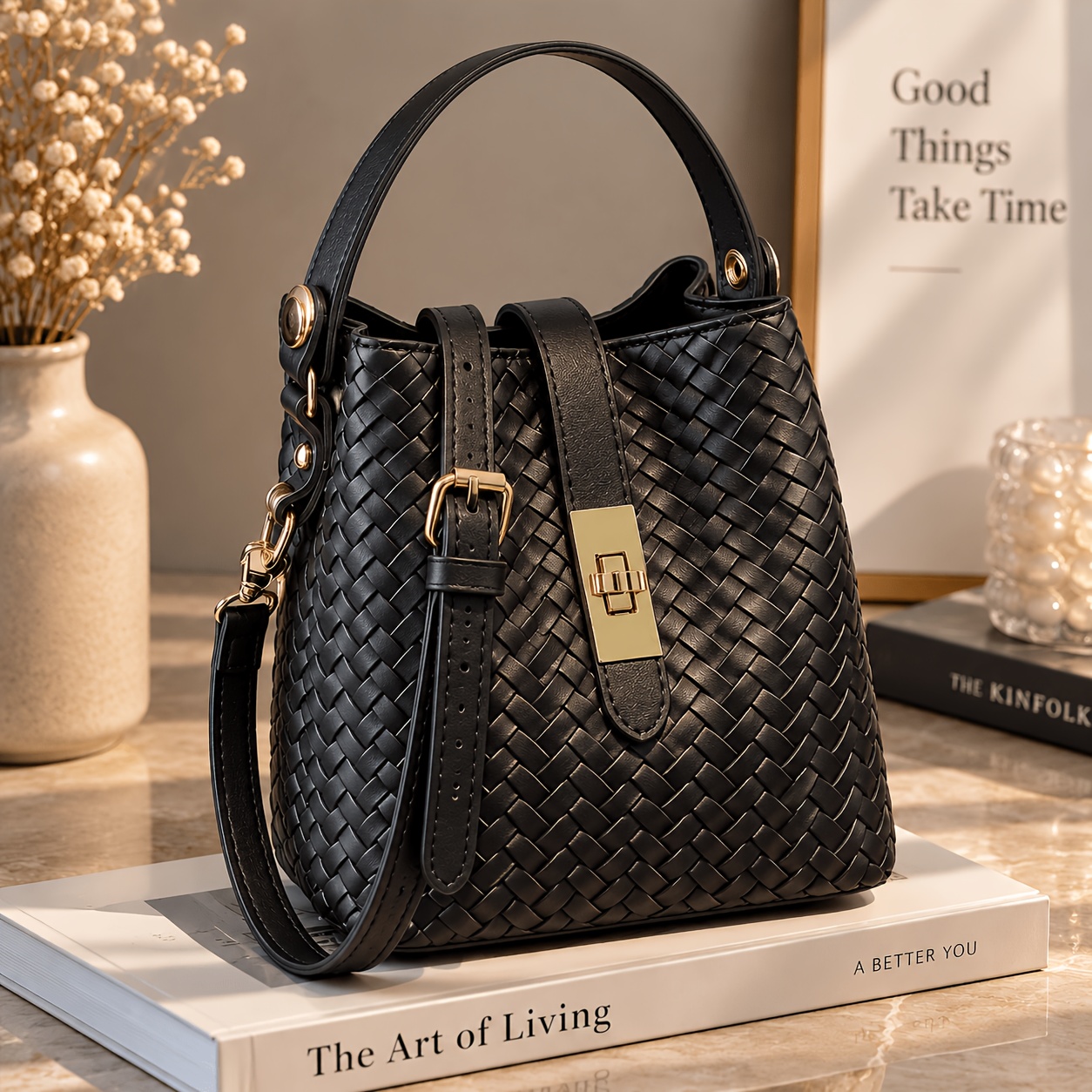 TEMU Women's Pu Bucket Bag With Strap & Woven Top Handle - Adjustable Crossbody Purse Suitable For Travel, Daily Use, Zipper Closure Handbag, Retro