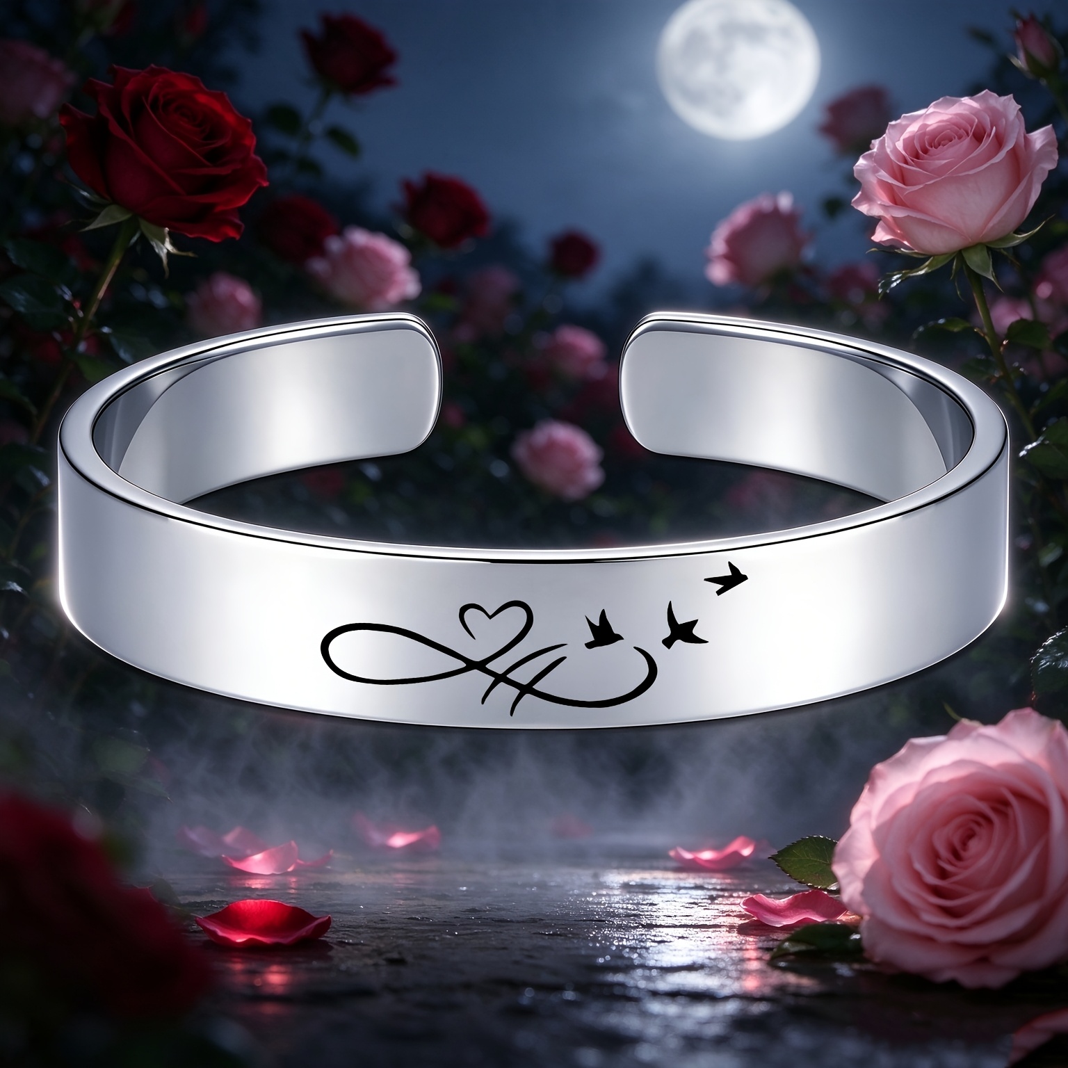 Infinity Symbol Heart Silhouette 304 Stainless Steel Open Bangle