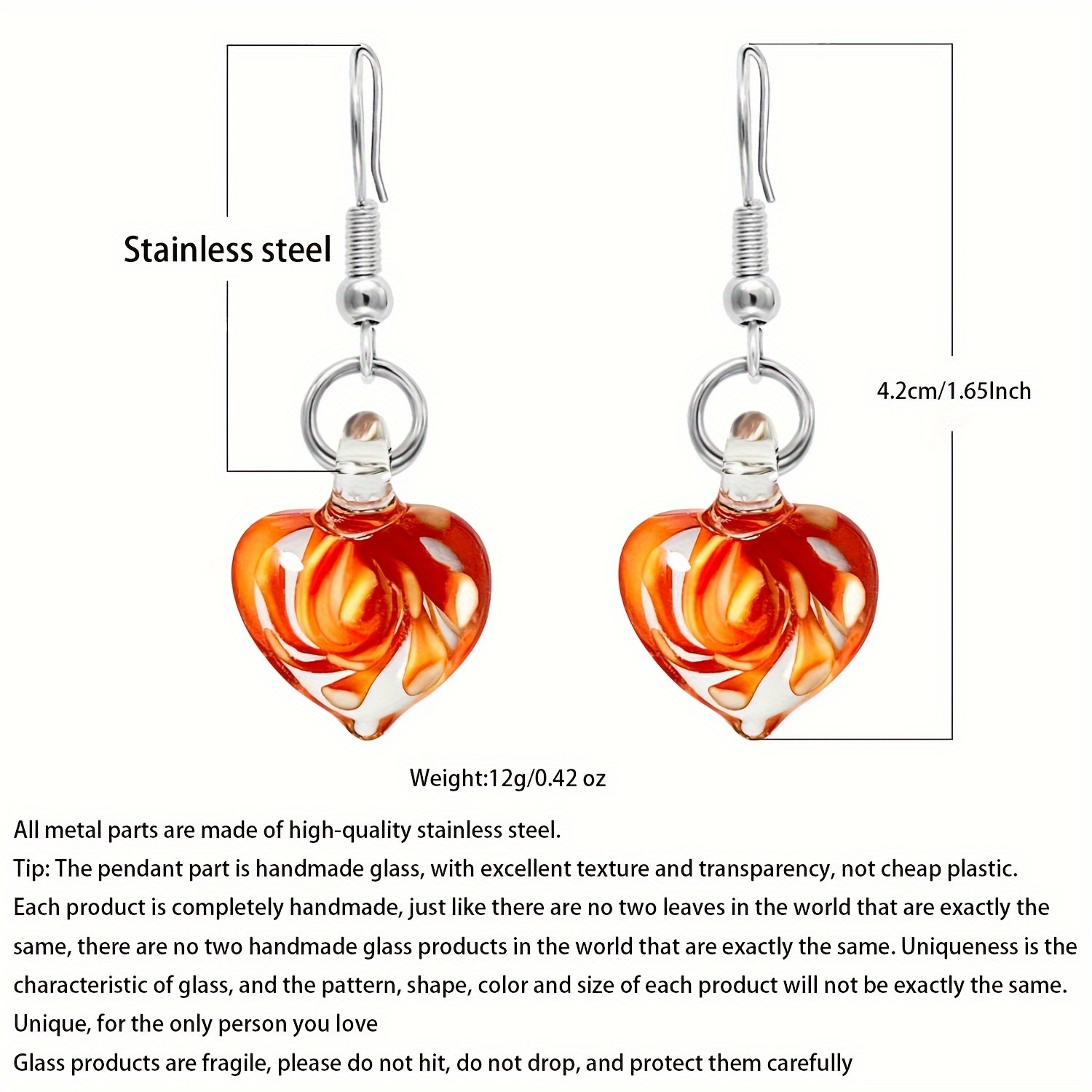 Women's Hand-Blown Heart Pendant Earrings