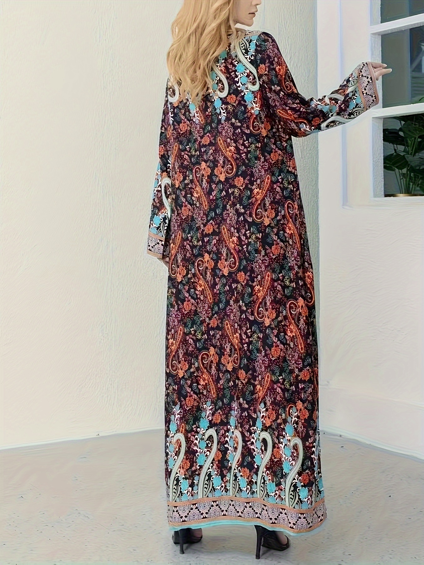 boho floral print with pocket dress vacation long sleeve crew neck maxi loose dress womens clothing