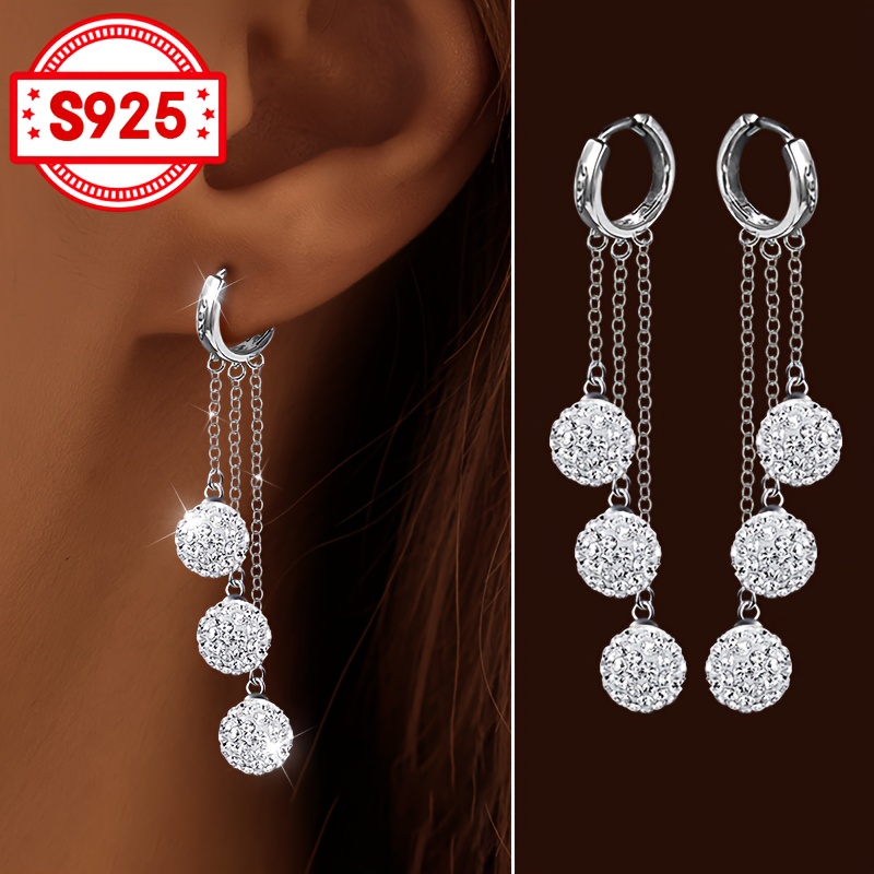 Image of Pair Of Women's Fashion Dangle Earrings, 3- Ball Tassel Design With Bling, S925 Silver, Hypoallergenic, Ideal For Holiday Gifts, Weddings, Parties, Banquets, And Elegant Daily Wear
