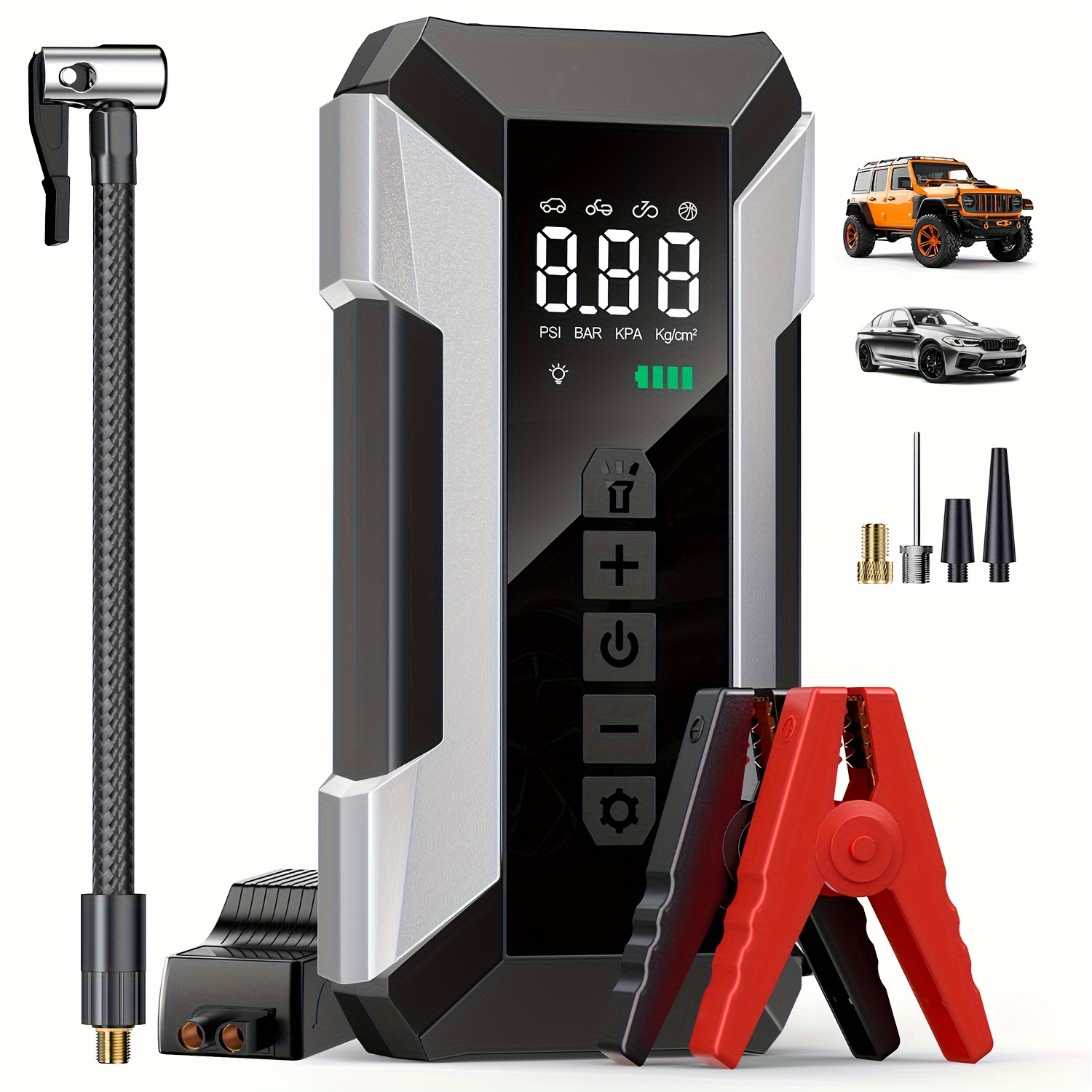 

Jump With Air Compressor, Car Battery Jump Portable (8.0 Gas/7.0l Diesel), 12v Battery Pack Jump Box With Smart Jumper Cables, Tire Inflator, Led Light