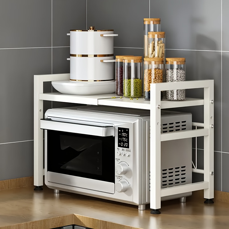 Extendable Microwave Rack, 2-layer Microwave Rack, Hook, Kitchen Storage Rack, Microwave Baking Rack, Countertop, Extendable 39-65 Cm, Black, White