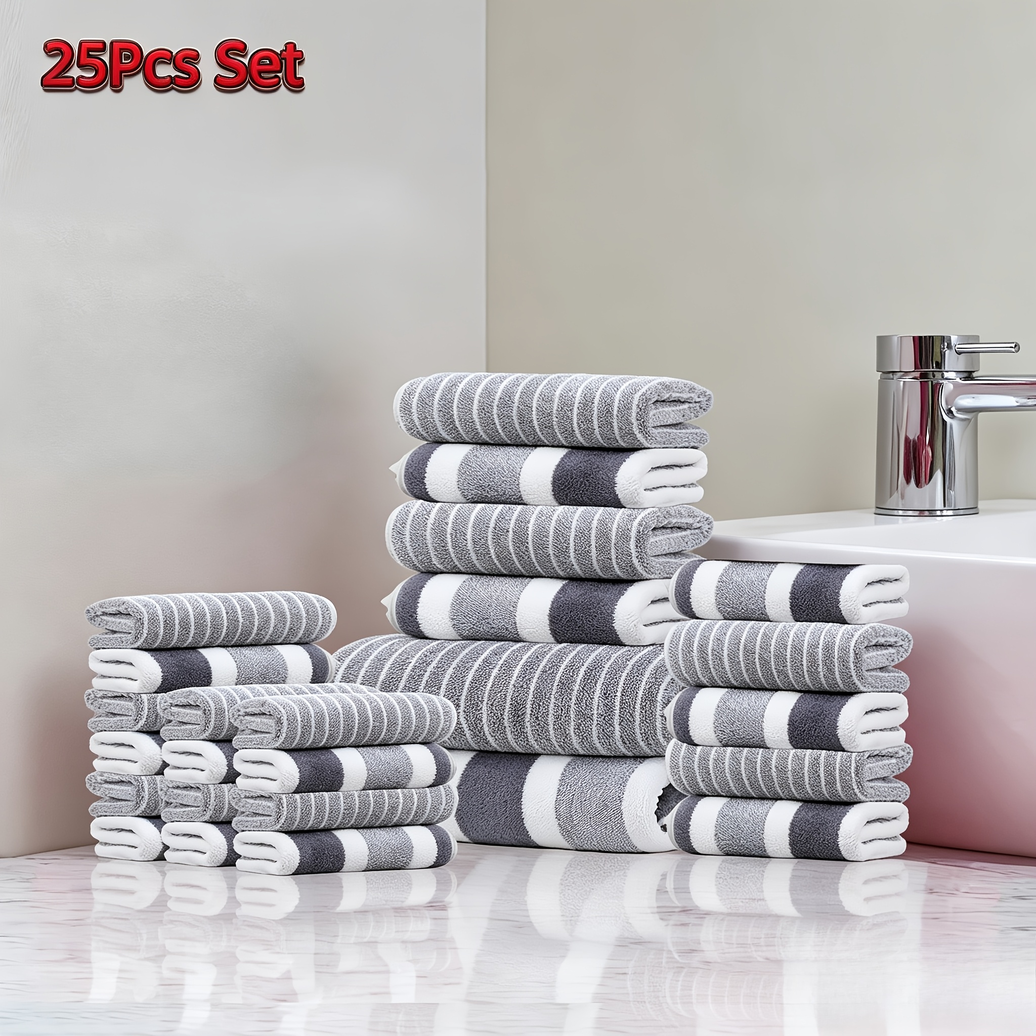 Image of 25pcs Set, 2pcs 27.56 X 55.12-inch Bath Towels, 9pcs 13.78 X 29.53-inch Hand Towels, 14pcs X -inch Square Towels, Quick-dry, Fast-absorbent, Lightweight, Very Suitable For Home, Hotel And Spa