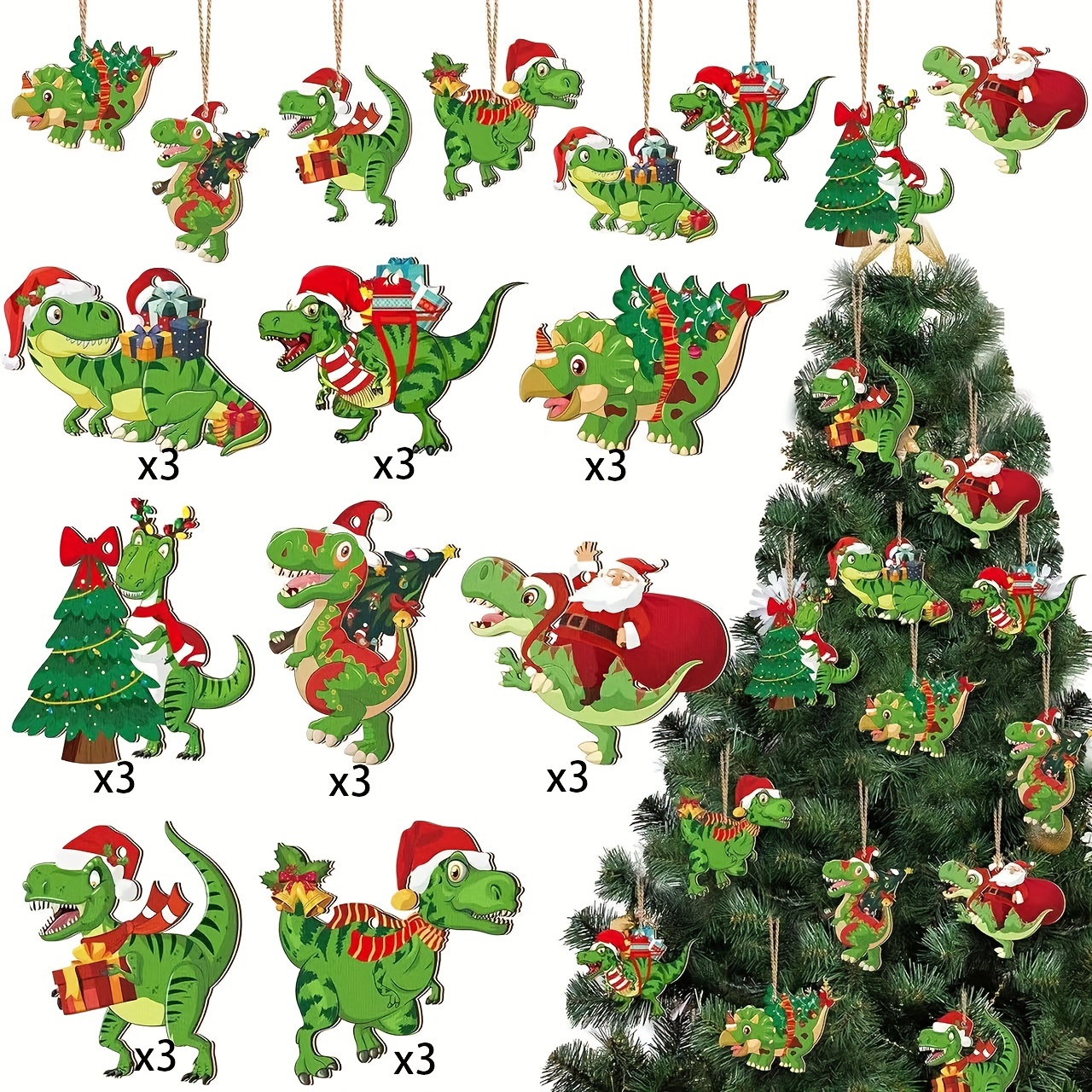 2d Flat, 24pcs Christmas 2d Dinosaur Tree Wooden Hanging Ornaments, Gift Dinosaur Holiday Atmosphere Decorations For Room And Windowsill, 2d Flat