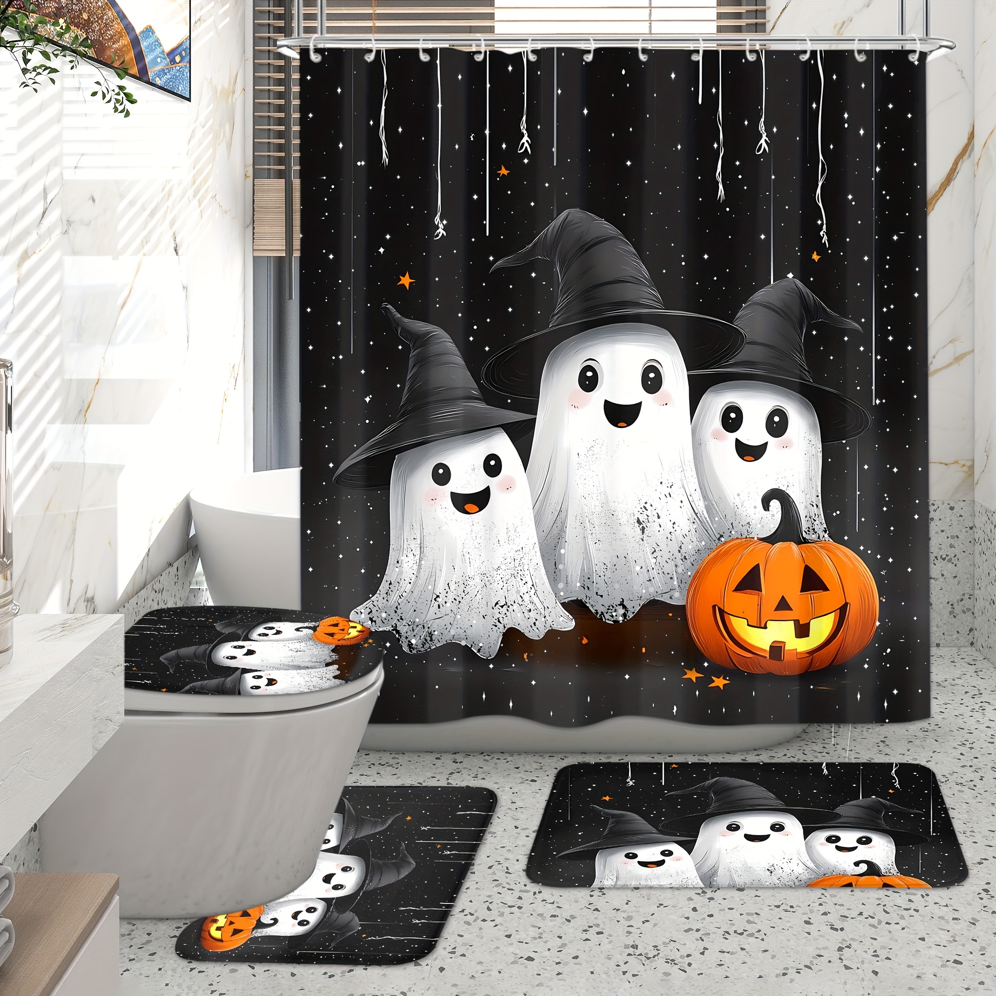TEMU 4pcs Halloween Shower Curtain Set, Cute Funny Pumpkin High Quality Shower Curtain Bathroom Sets Full Set, 12 Hooks, Non-slip Bath Mat, Toilet