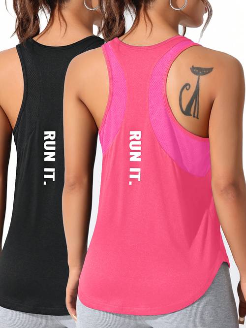 conjunto de camiseta y chaleco deportivo para mujer, 2 piezas, color liso, casual, con estampado de en la espalda, panel de malla, , transpirable, , cubierta atlética para mujer, top deportivo para entrenamiento físico, ropa deportiva casual para mujer