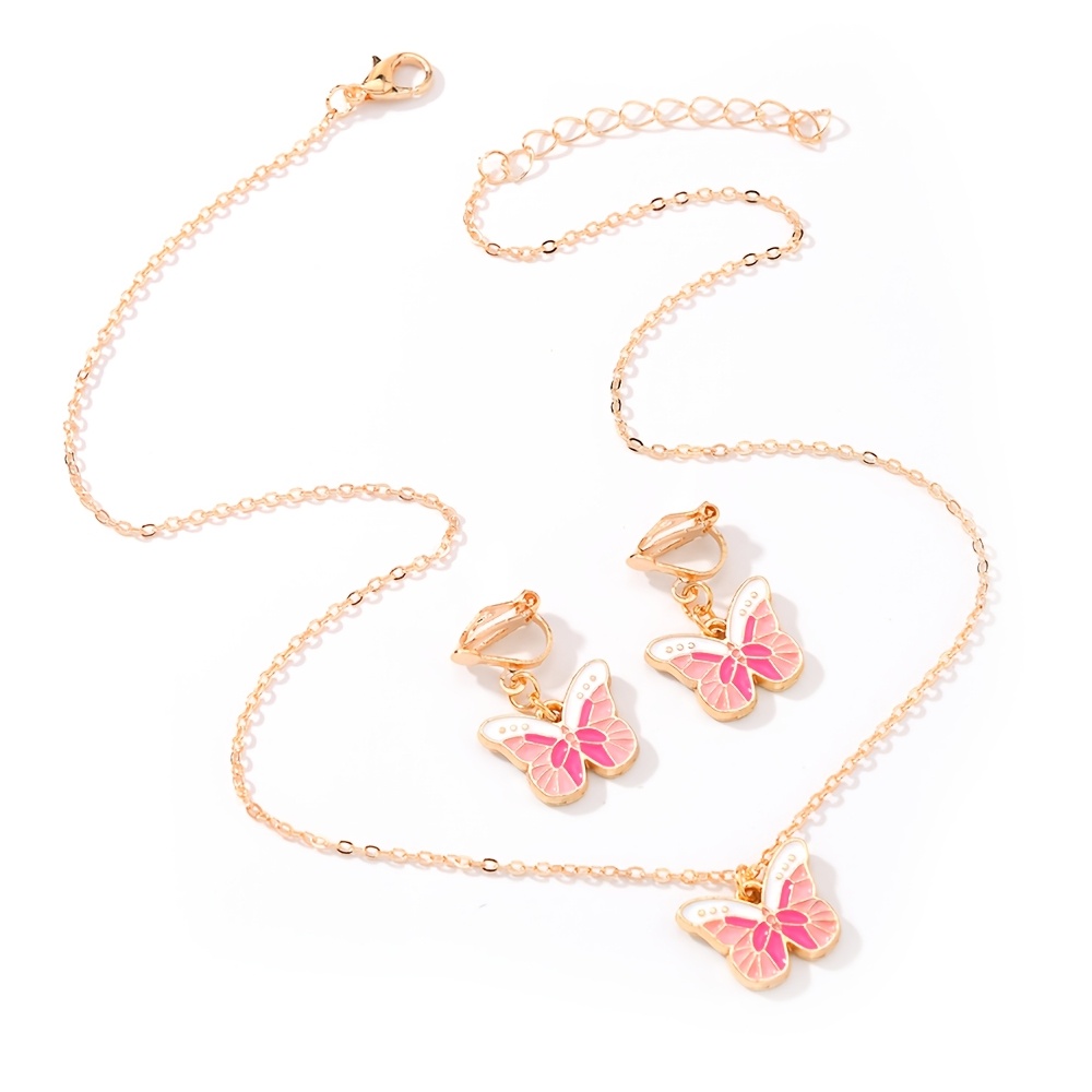 3pcs Pink White Butterfly Necklace & Ear Clip Set for Women