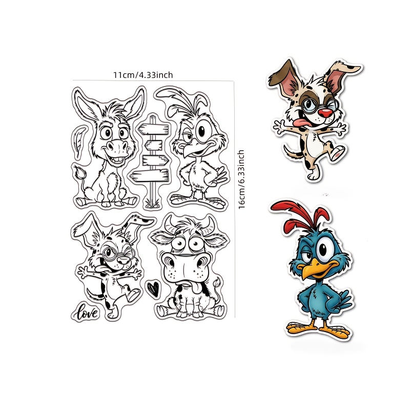 Image of 1pc Of Interesting Animal Clear Stamps Featuring A Donkey, Bird, Dog, And Cow, Perfect For Embossing, Journaling, Card Making, , And Painting Crafts