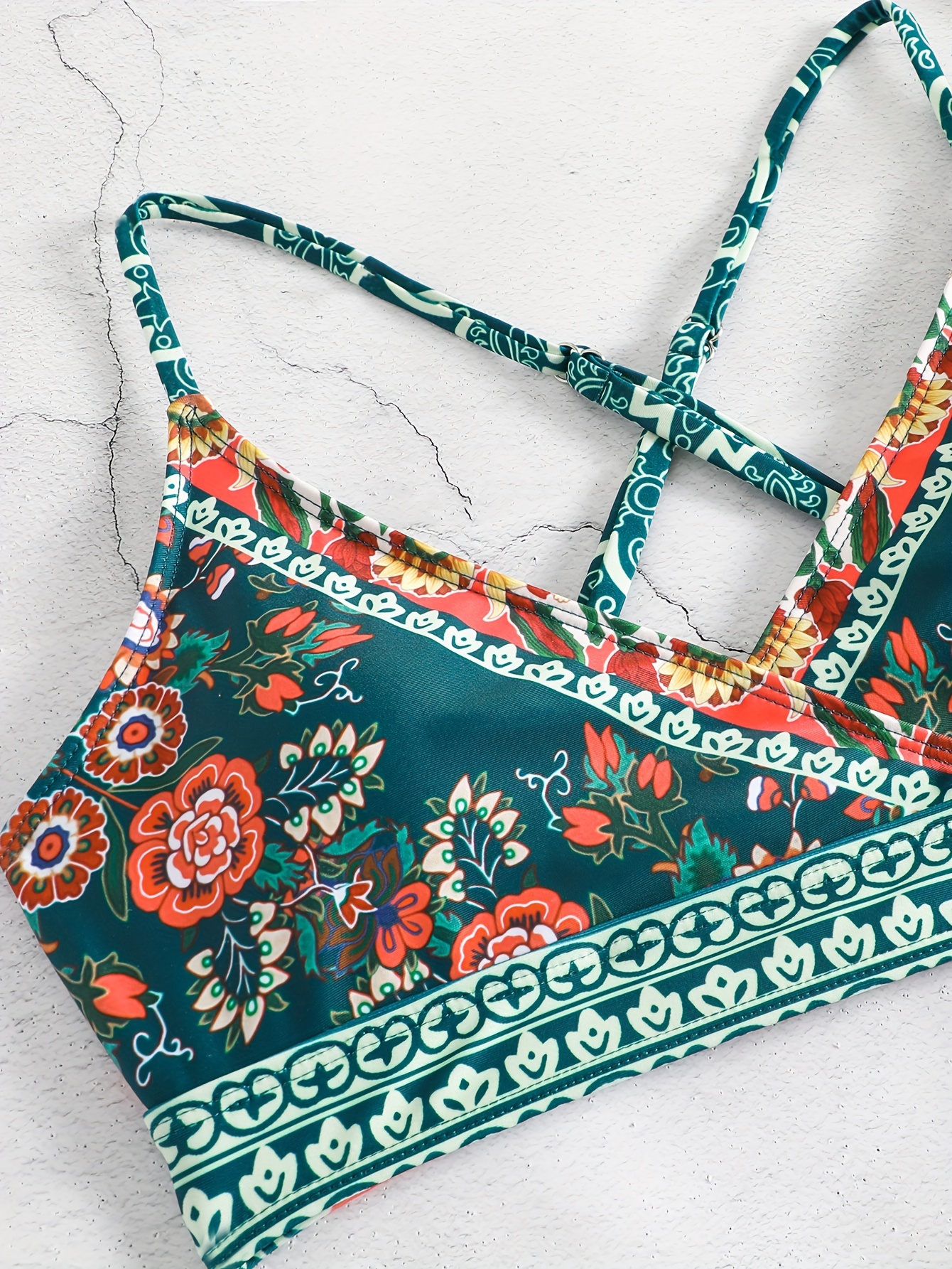 Bohemian Floral Print Cross Straps Bikini Set, 2-Piece Ethnic Style Beach Vacation Swimwear, High Cut Bathing Suit