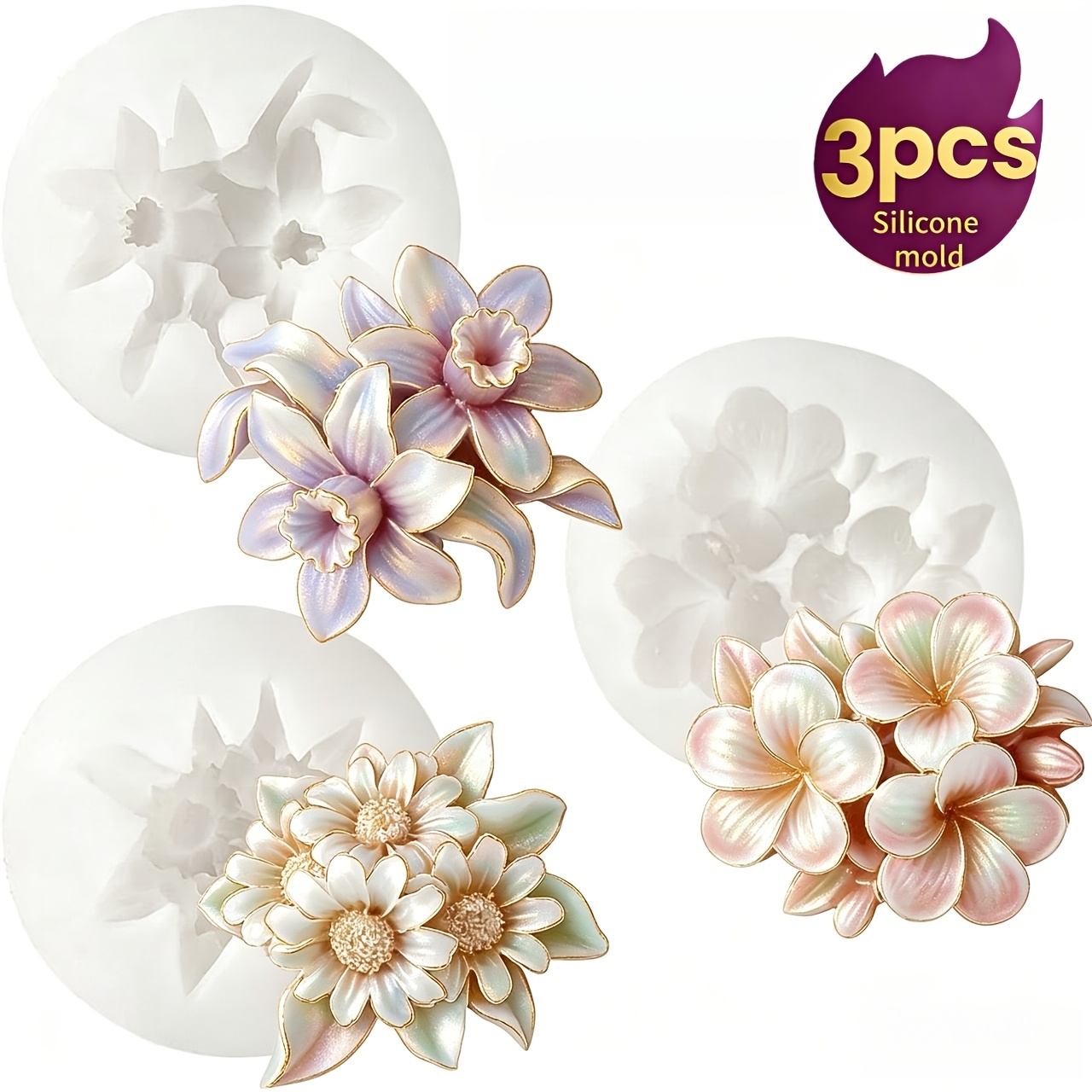 TEMU 3 moldes de silicona de flores, ideales para velas, jabón, resina epoxi y modelado de arcilla , moldes de fundición multifuncionales, para