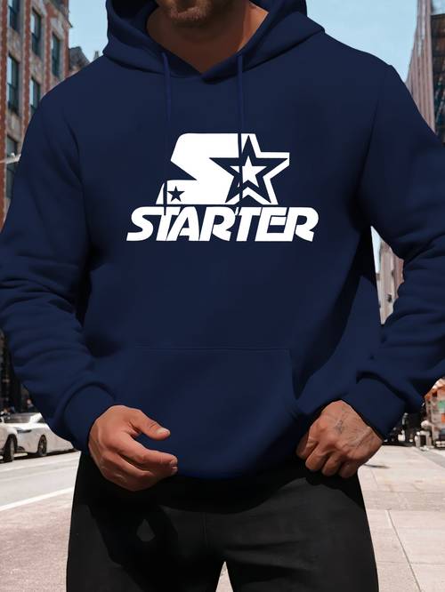 mens casual starter graphic hoodie black polyester blend long sleeve fall sweatshirt sweater hoodie