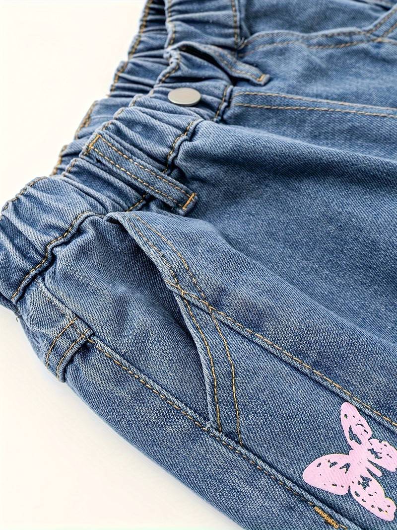 Jean Taille Haute Fille Avec Imprimé Papillon – Denim Extensible, Taille Élastique, Idéal École Et Loisirs