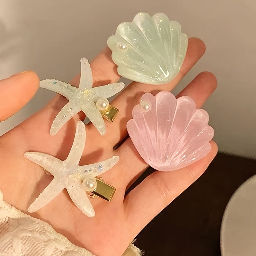 TEMU 4pcs Stylish Resin Starfish Shell Hair Clips - Simple, Elegant, And Clips For Women, Perfect For Beach Travel, Vacation, And Everyday