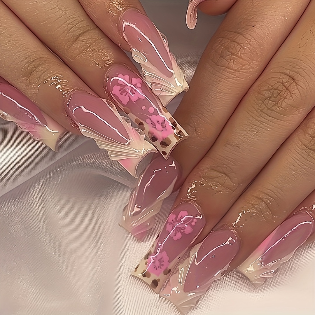 TEMU A Set Of 24 Long Coffin-shaped Press-on Nails With Elegant Sweet Peach Patterns, Stylish Brown Floral Designs, And Sparkling Three-dimensional