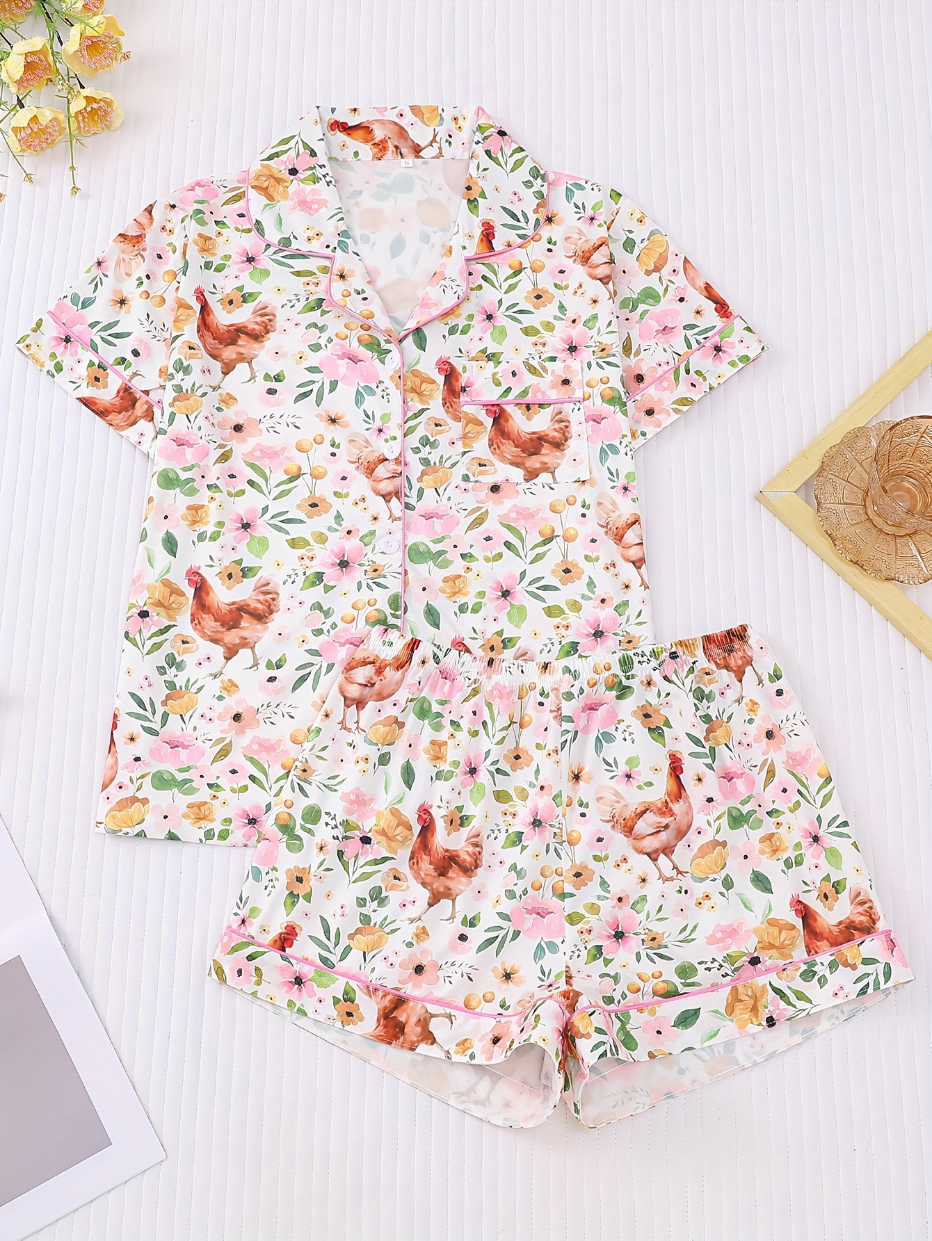 two piece womens elegant polyester pajama set knitted fabric comfortable for   short sleeved button up top collar and same shorts with animal print and pocket details suitable for adult pajama set Product details 0