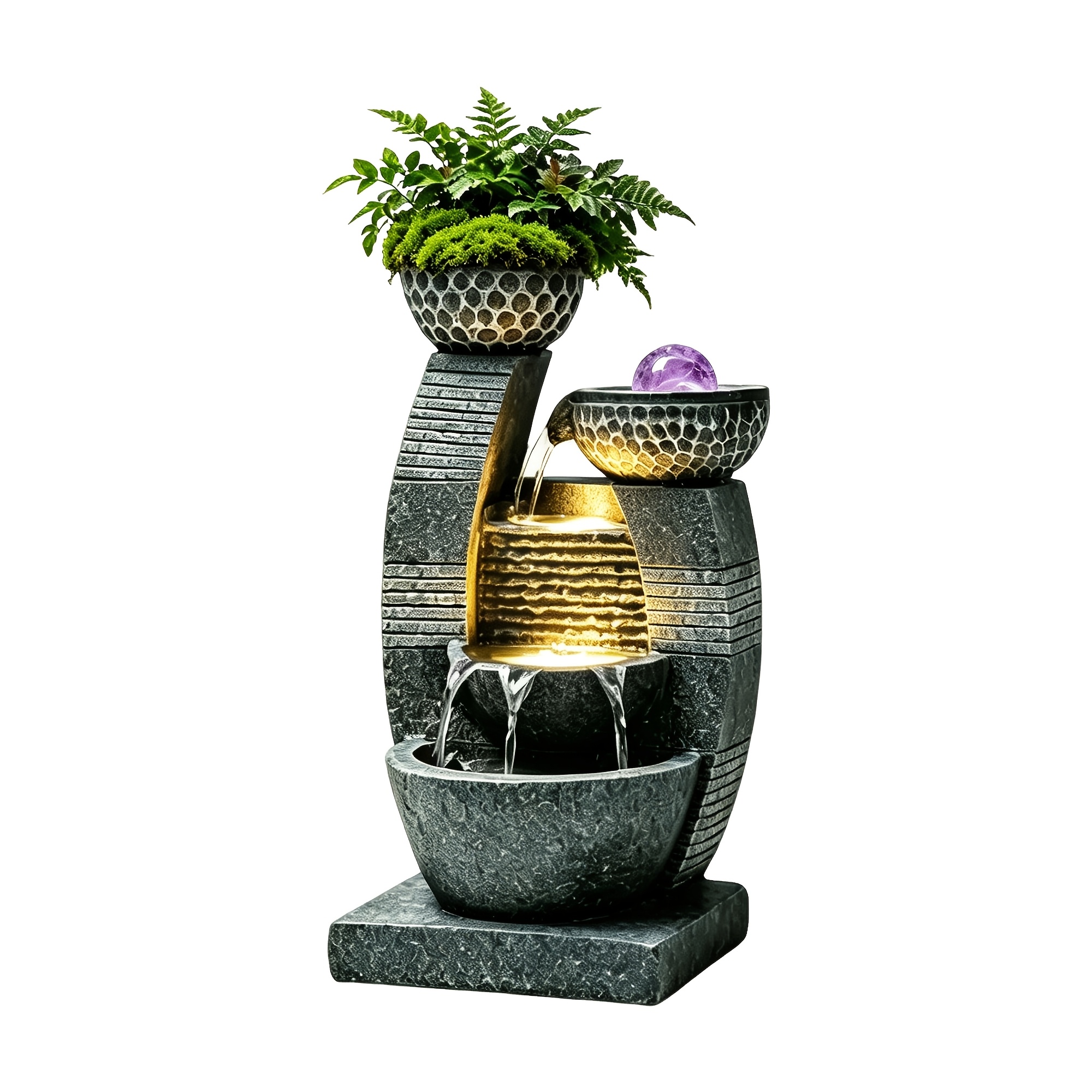 Temu – TEMU 15.8″h Tabletop Fountain, Multi-functional Tiering Bowls Indoor Water Fountains With Flower Pot, Led Lights & Crystal Ball, Cascading Water