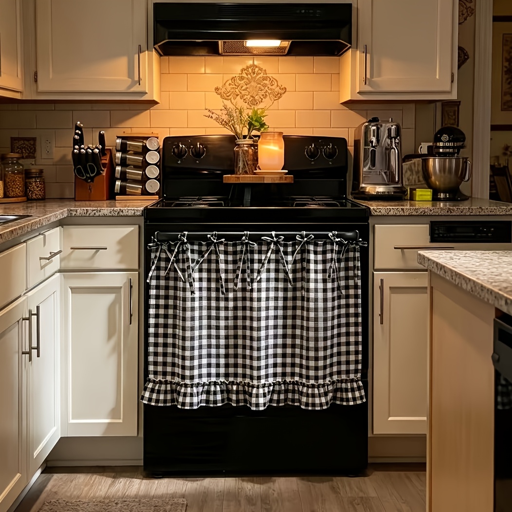 Temu – TEMU Handmade Farmhouse Oven Skirt Curtain, Checkered Design With Drawstring, Decorative Curtain Panels, Suitable For Ovens, Stoves, Cabinet Covers,