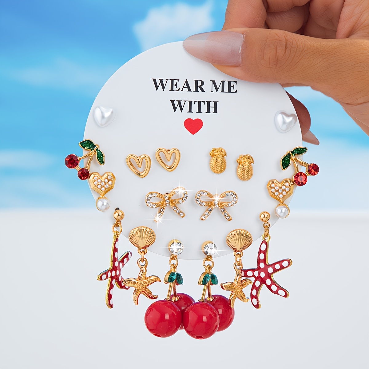 18pcs Cute and Versatile Bohemian Style   Alloy Enamel Bow and Cherry Earring Set, Suitable for Women s Vacation Parties, Daily Wear, and Gifting