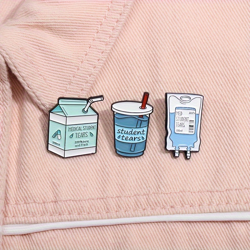 

1/3pcs Cute Enamel Lapel Pins, Humorous Medical Student Tears Themed Brooches, Cartoon Beverage Container Designs, Novelty Accessory For Student Gifts And Apparel Decoration