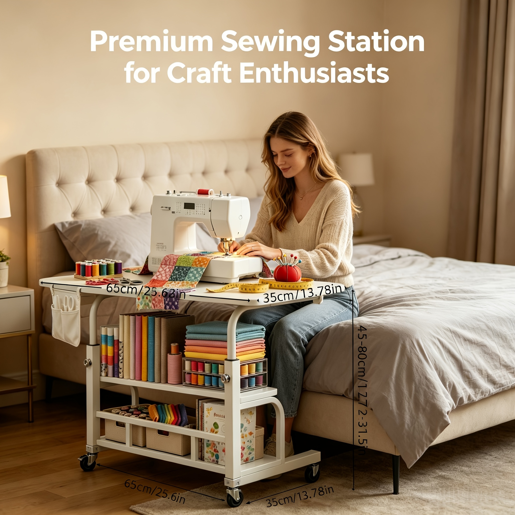 TEMU Sewing And Craft Table, Multi-functional Height-adjustable Mobile Sewing Workbench/table - Mobile Storage Table With 4 360° , Double-layer