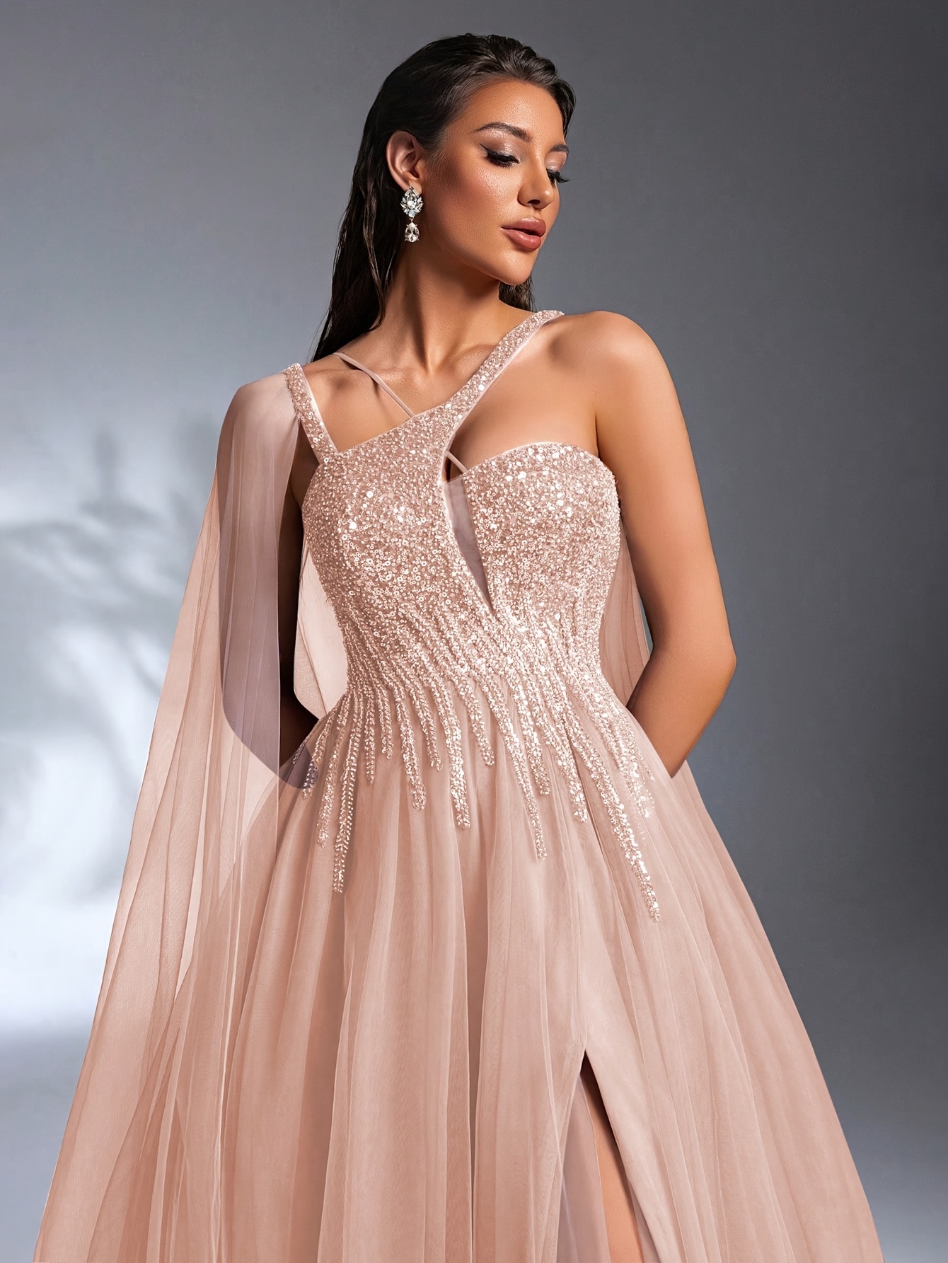Spring Summer Elegant Luxurious Design Irregular Strap Beaded Sequined Mesh  * Flared Formal Evening Dress for Banquet, Party, Wedding, Birthday, Prom,  Family Gathering, Date And More Occasions