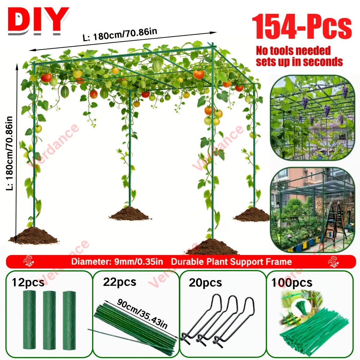 E-shop 154-tlg. Metall-Stützrahmen-Set für DIY 180 cm Pflanzenstützen, extra dick, Durchmesser, inklusive 22 x 35,43 Zoll Stangen, 32 Zubehörteile, 100