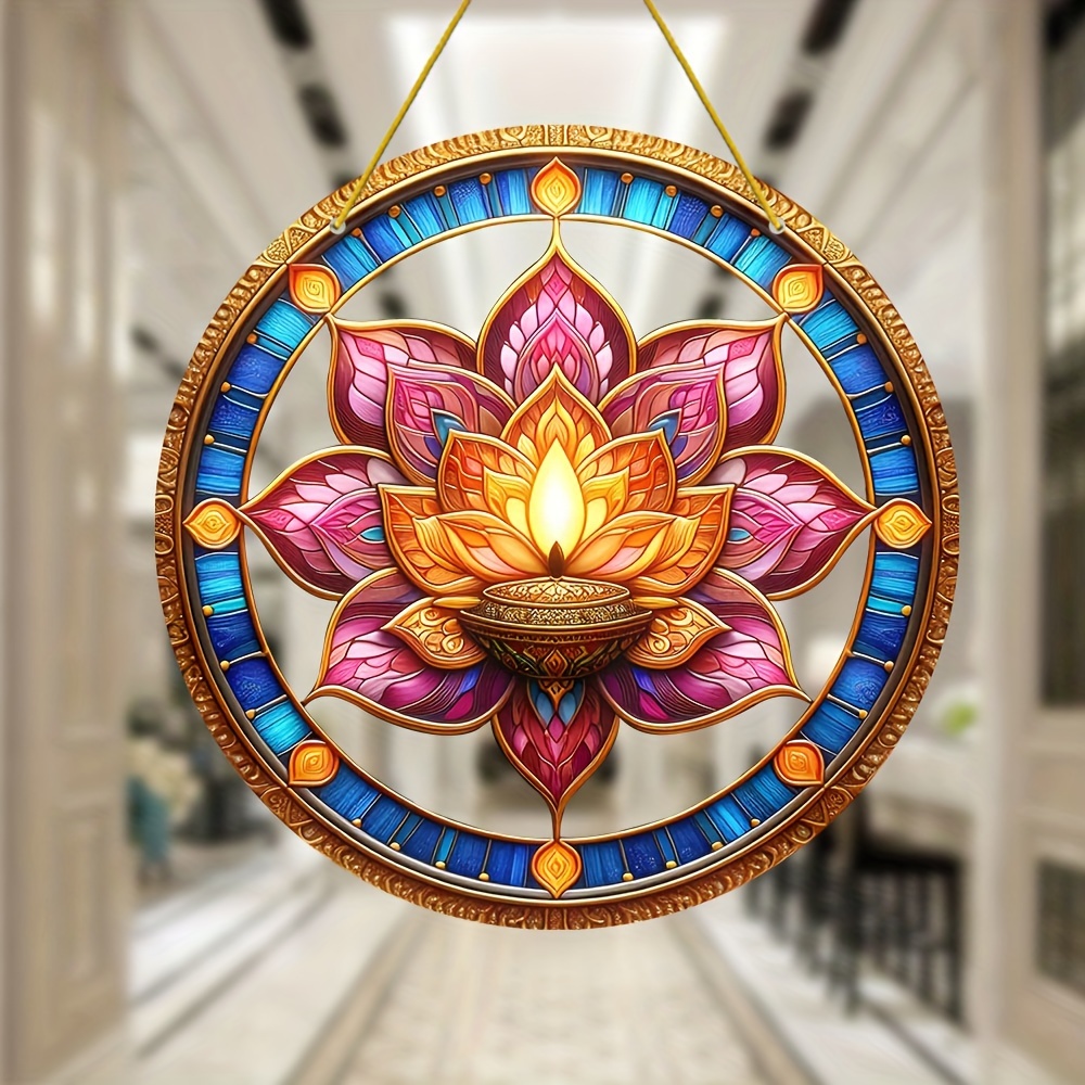 

For Lotus Lamp Sun - 8"x8" Acrylic Stained Glass Window Decor With Diwali Theme For Porch, Garden, Office & Wall Art - Unique Gift Idea