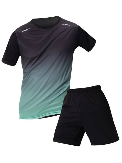 mens 2 piece sportswear set short sleeve top and shorts breathable quick dry gradient color regular fit