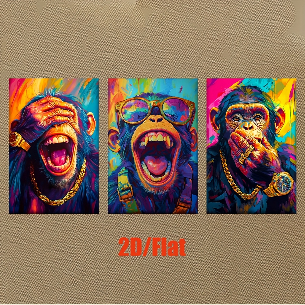 TEMU 3pcs/set, Canvas Painting--unframed, , Monkeys Wearing Fashion Glasses, Watches And Golden Necklaces Laughing, Artist Drawing Set, Living Room,