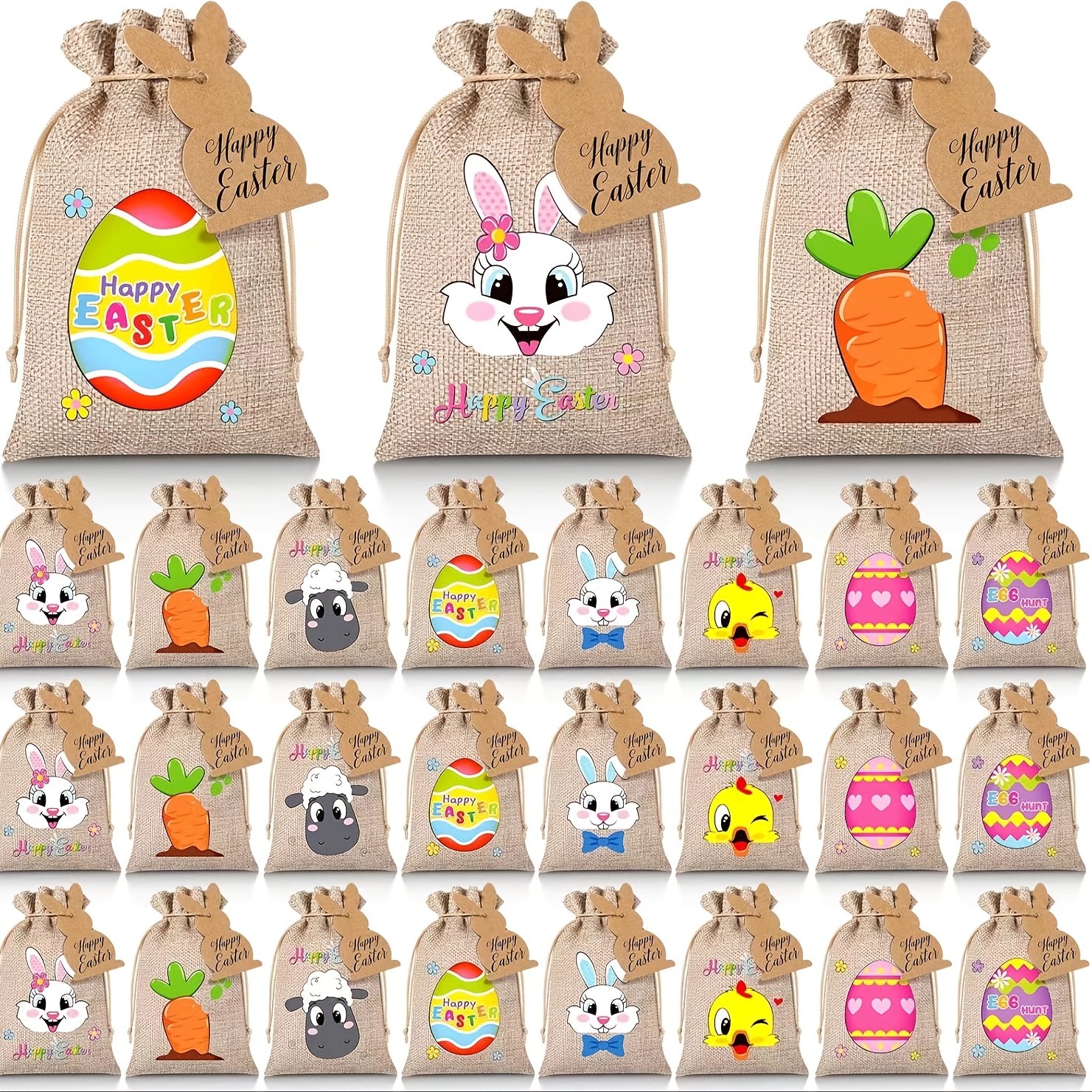 

24pcs Easter Bunny & Egg Linen Drawstring Gift Bags With Tags - 13x18cm, Rabbit, Lamb & Chick Designs, Easter Party Favors & Gifts, Rabbit Accessories