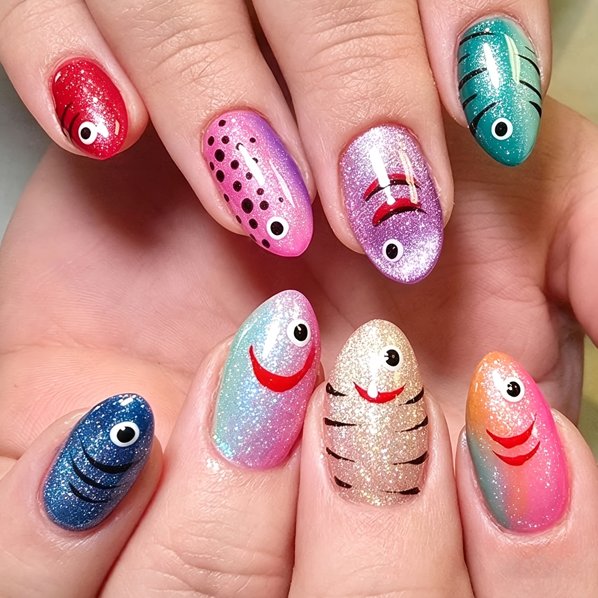 TEMU 24pcs Faux Ongles à Pression Mignons Poissons d'Été, Multicolores Brillants Pailletés Effet Œil de Chat avec d'Animaux de Dessin Animé