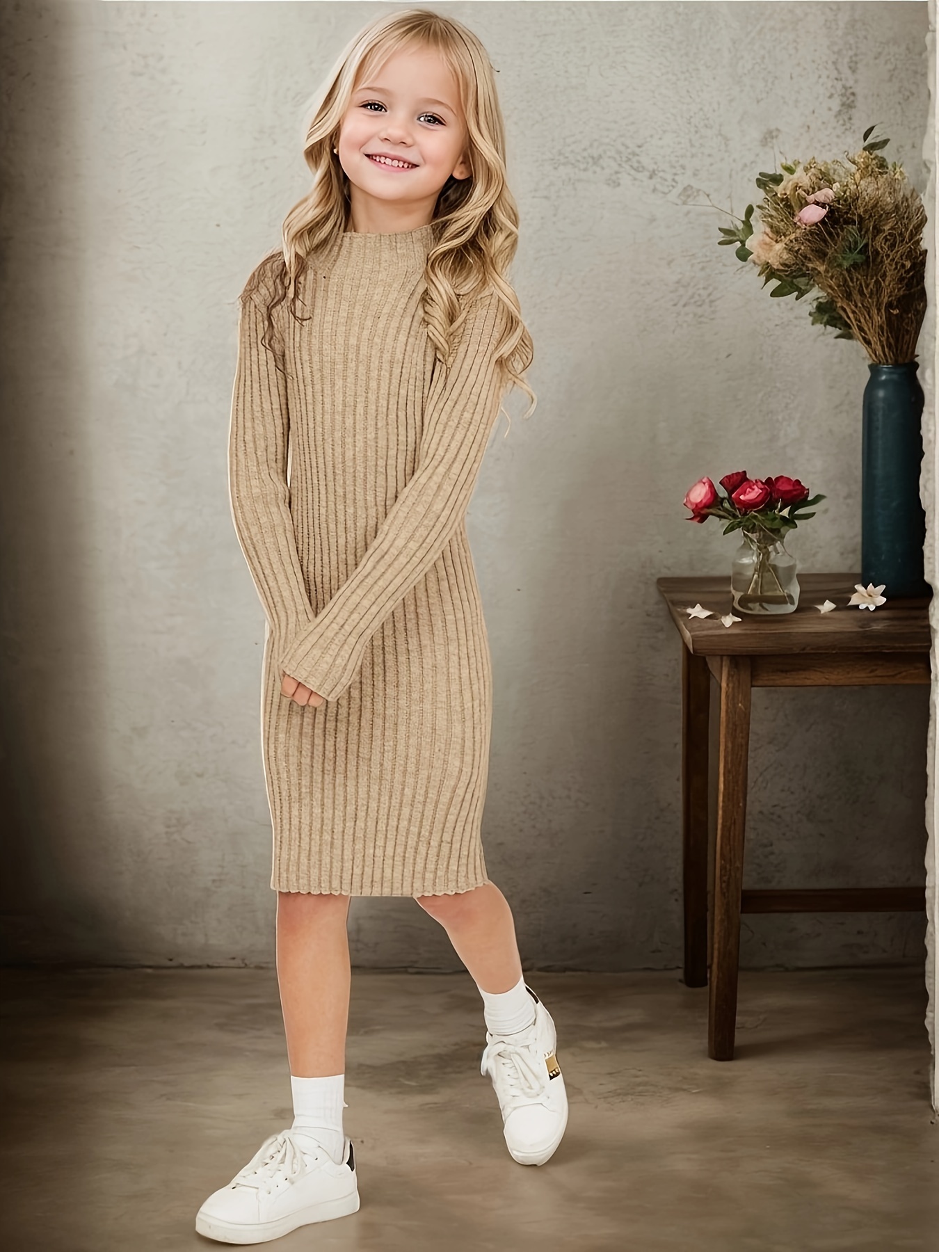 Teenager's Elegant Mock Neck Rib Knit Plain Color Long Sleeve Dress, Warm  And Stylish For Fall And Winter Outdoors