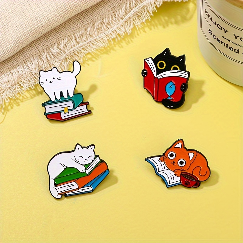 

4pcs/set Creative Cartoon Cat Brooch Sleeping Drinking Coffee Reading Book Personality Accessories Clothes Bag Badge Party Holiday Matching Jewelry