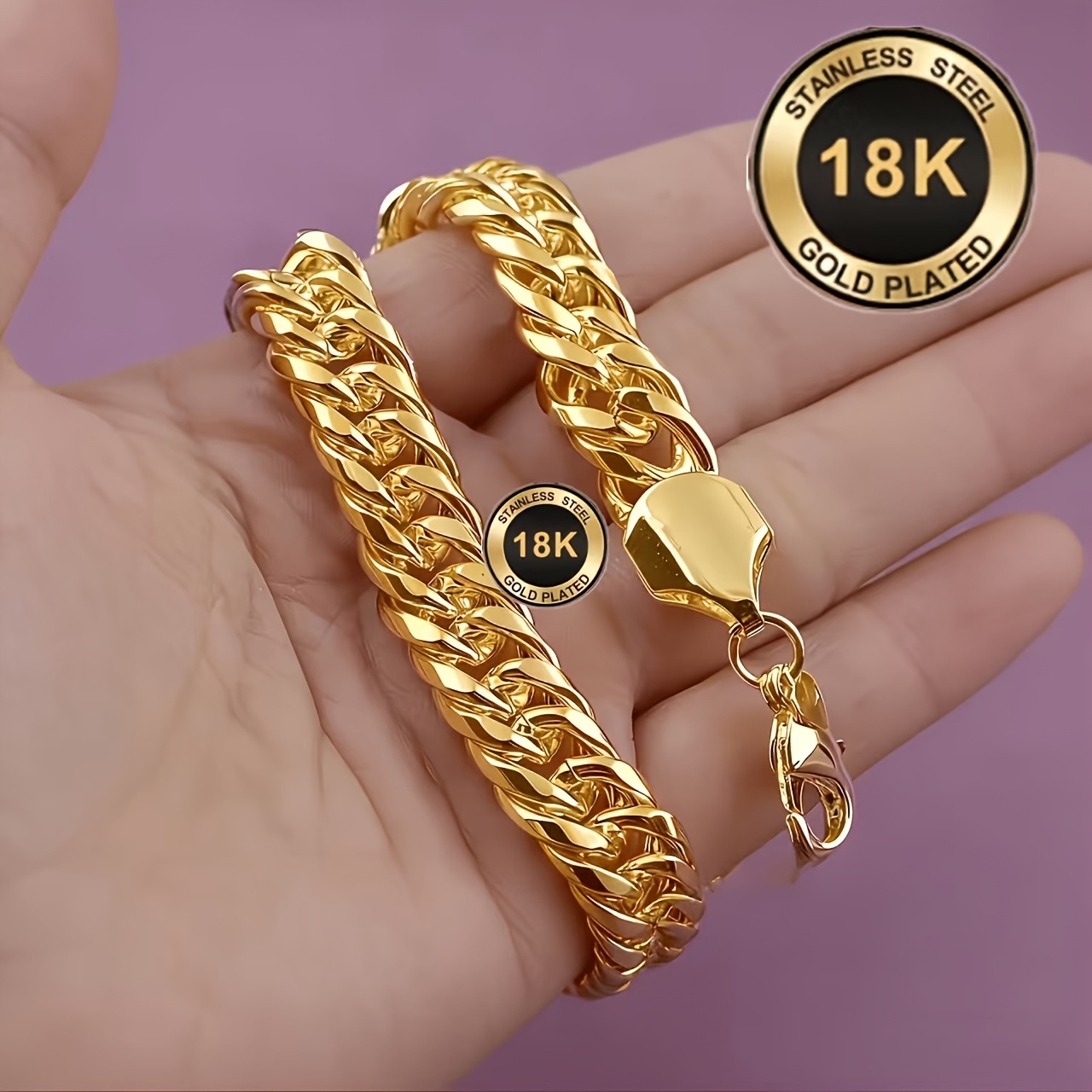 TEMU 18k Gold Plated Cuban Link Chain Bracelet For Men, Waterproof Anti-tarnish Hip Hop Fashion Heavy Duty Golden Wrist Bracelet Daily Wear Jewelry