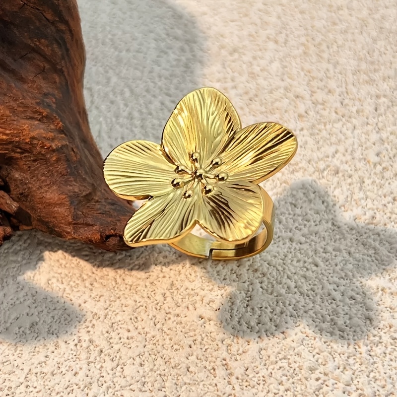 TEMU 1pc Exquisite And Elegant Fresh Petal Adjustable Open-end Stainless Steel Ring, Bohemian-style Large , Women's Finger Ring, Suitable For Wearing