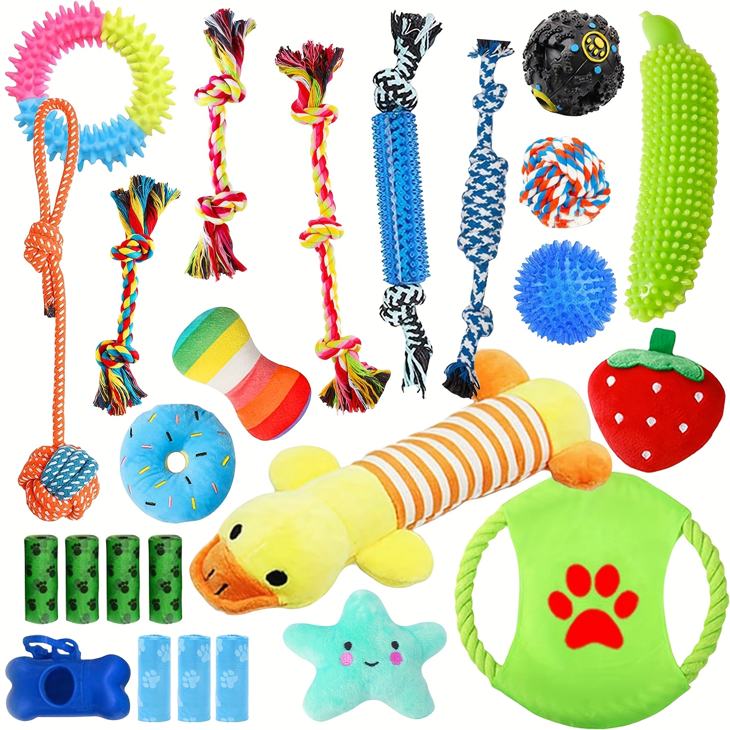 TEMU 25pcs Set Of Dog Bite Toys, Dog Chew Toys For Cleaning And Teeth Cleaning, Dog Vocalization Toys, Dog Teething Toys, Dog Leash Toy Set, Suitable For Puppies To Puppies