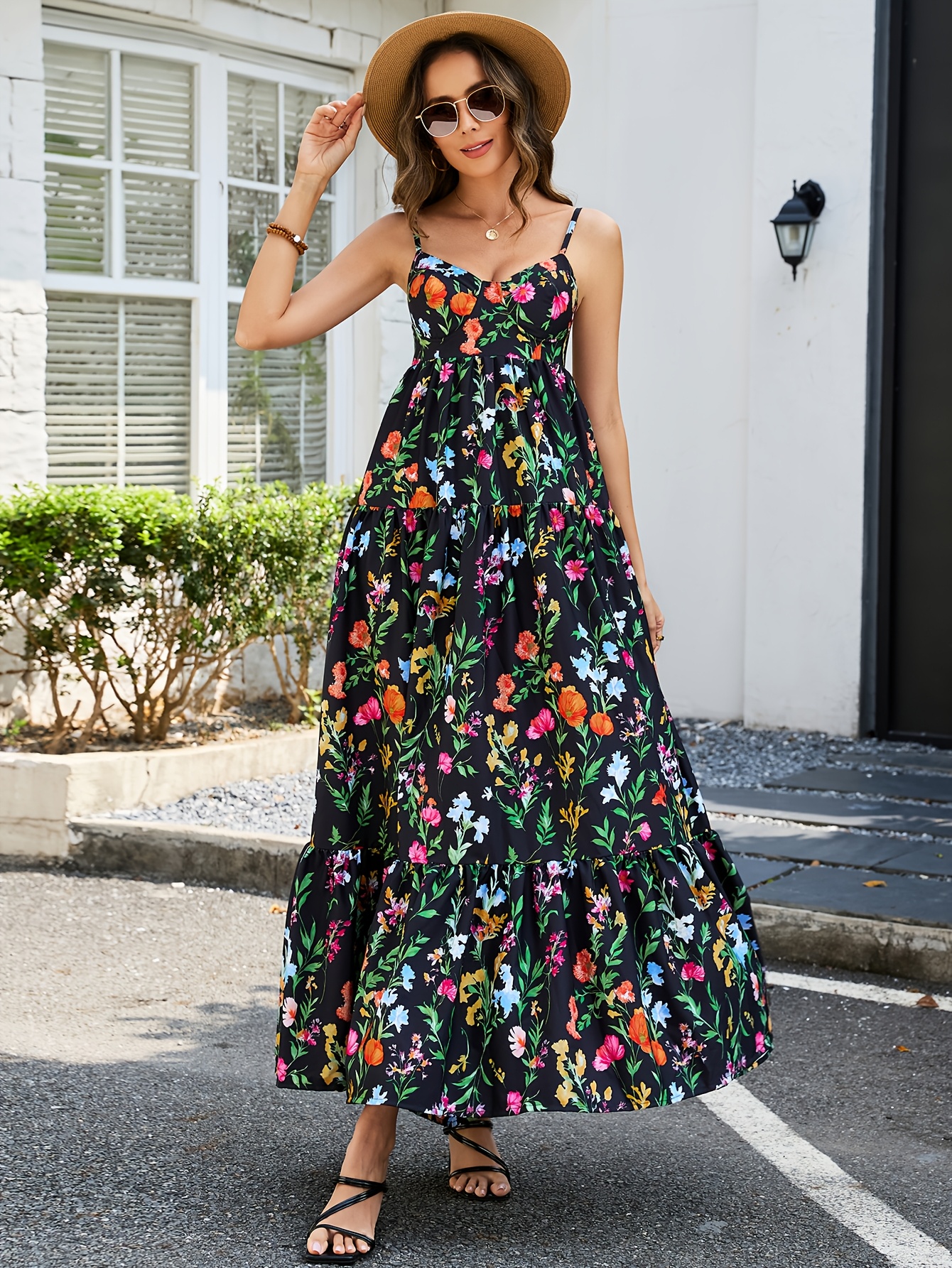 bohemian dress malaysia Elegant Women's Summer Casual Floral Print Camisole Long Maxi Flared BTDress