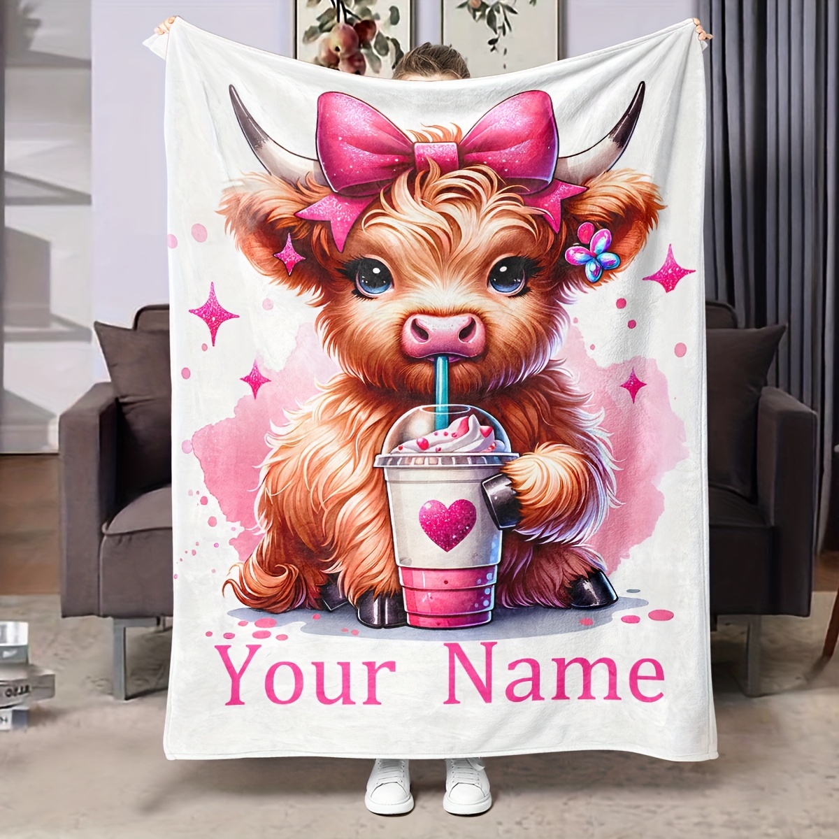 

1pc Customizable Highland Cow Blanket - Cozy Flannel Throw Featuring Cow With & Design, Ideal For & Casual