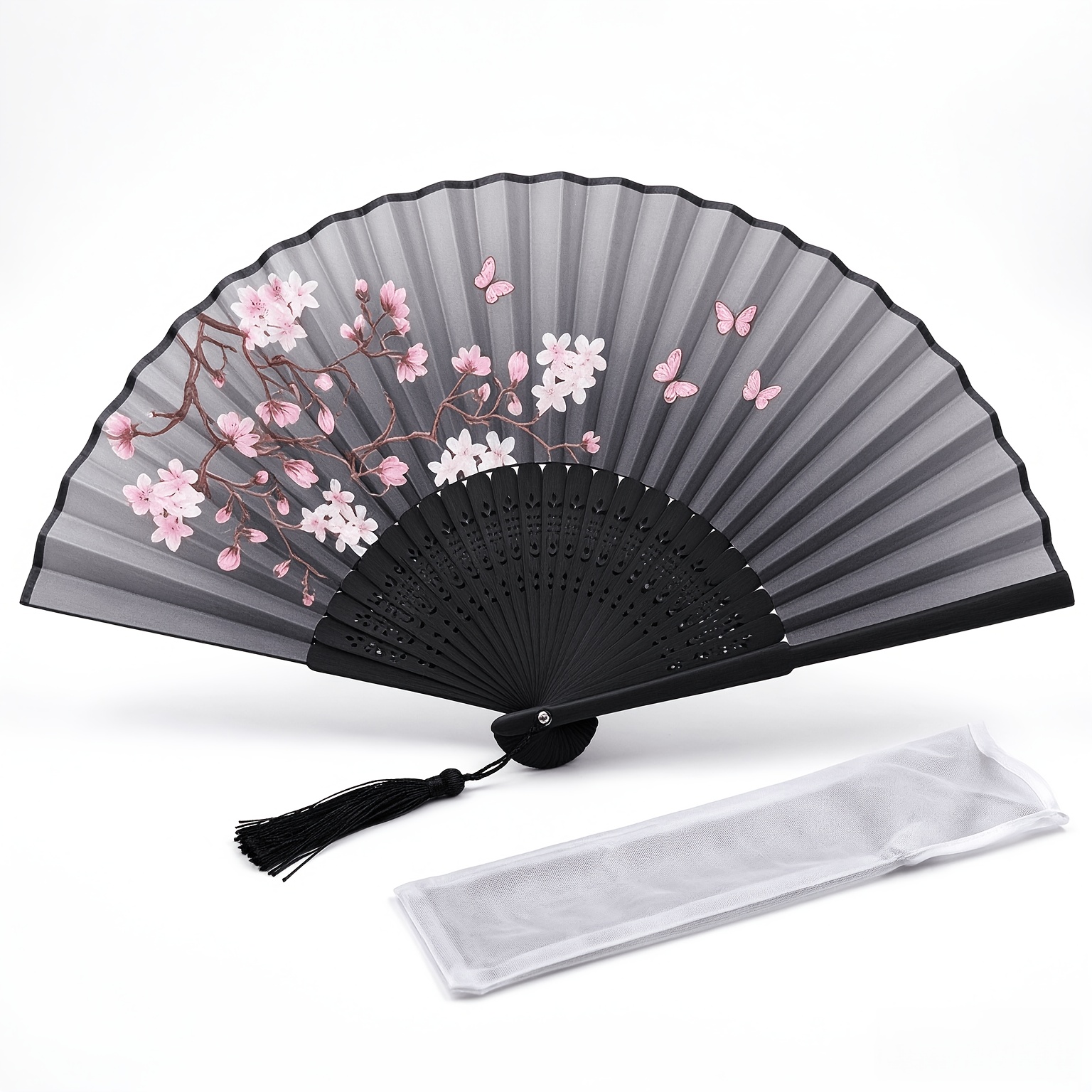 TEMU Retro Style Bamboo Folding Fan And Storage Bag, Cherry Design, Gradient Black To Purple, Tassel Detail, Traditional Chinese Hanfu Dance