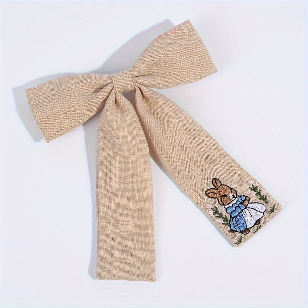 

1pc Cute Cartoon Bunny Embroidered Bow Hair Clip For Girls, Polyester Fabric Barrette With Long Tassels, Non-woven Alligator Clip Hair Accessory, Easter Gift For Teens - Khaki