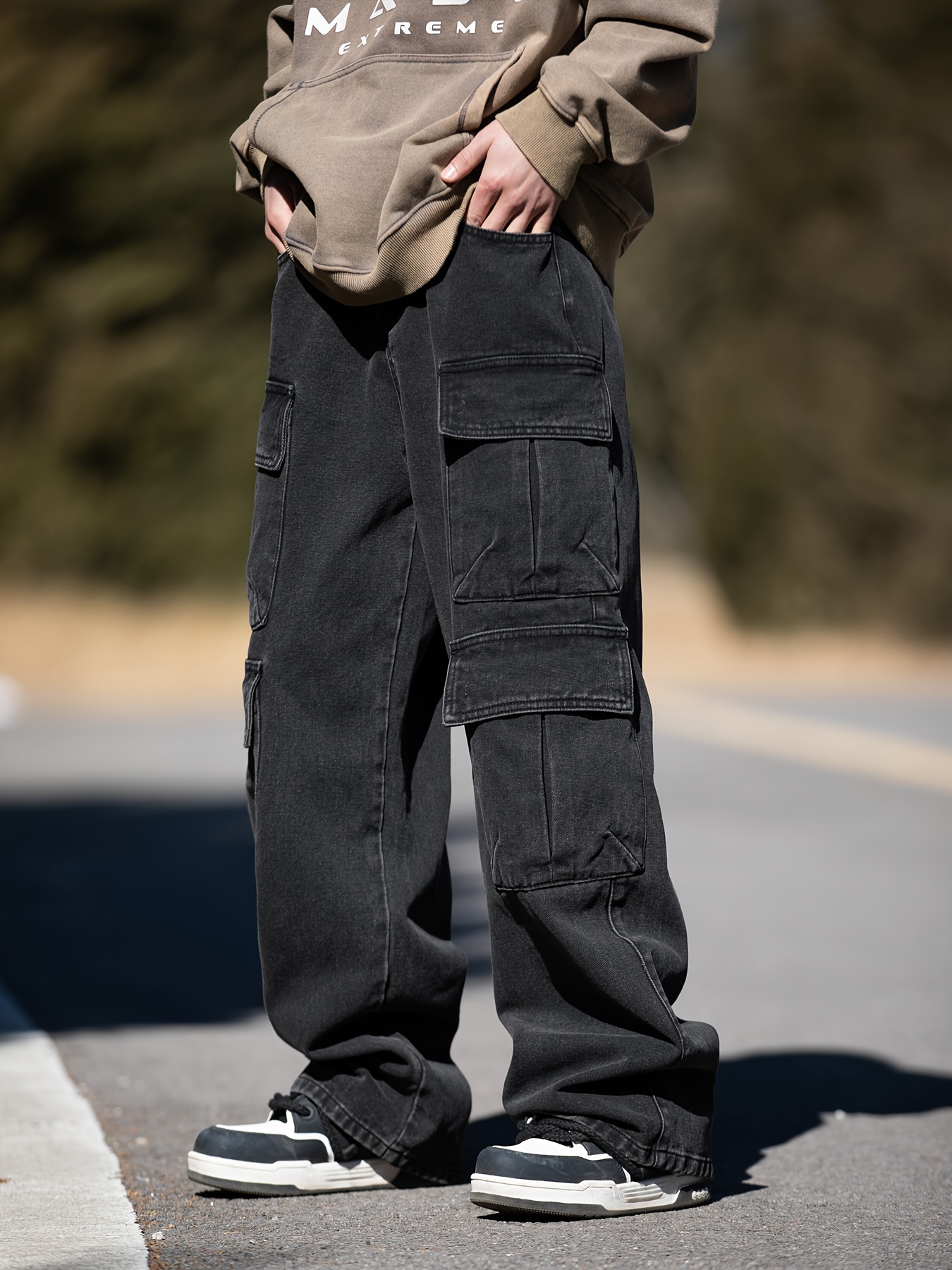 Cotton Multi Flap Pockets Men's Straight Leg Cargo Denim Pants, Loose  Casual Outdoor Baggy Pants, Men's Work Pants For Hiking Fishing Angling