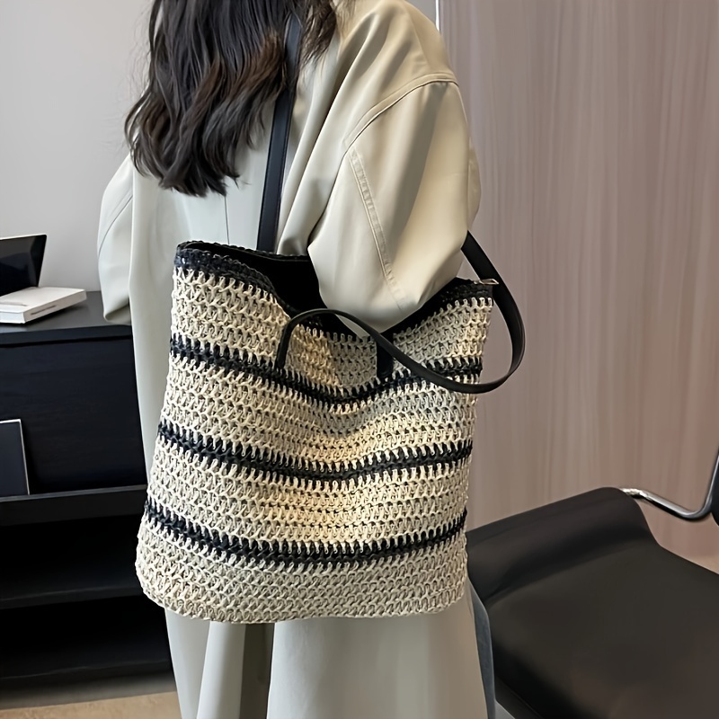 Image of 1pc Striped Woven Tote Bag, Bohemian Style Vacation Beach Bag, Women's Fashion Shoulder Bag, Large Capacity Straw Tote Bag, Daily Shopping Bag, Halloween Christmas Gift